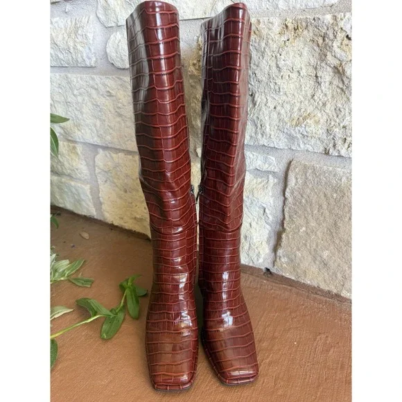 Sam Edelman RARE Raekel Croc-embossed Spiced Red Leather Block Heel Tall Boot 8M - Picture 3 of 11